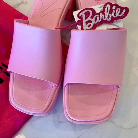 Barbie x ZARA Pink Rubber Slides Heeled Sandals - Picture 7 of 11